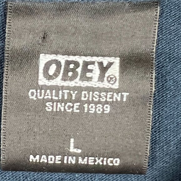 OBEY Propaganda Mens Blue Yellow Logo Graphic Printed Tee Size L Short Sleeve - Picture 6 of 12